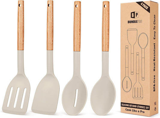 Pack of 4 Silicone Cooking Utensils Set, Non Stick Solid Spatulas and Heat Resistant Slotted Spoons with Wooden Handle, Ideal Wood Kitchen Utensils Set for Frying,Serving,Turning,Stirring (KHAKI)