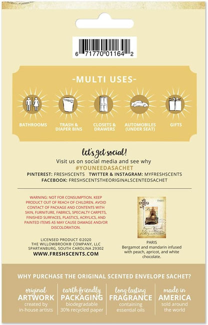 WILLOWBROOK | Fresh Scents Scented Sachet Packet | Paris | Air Freshener Bags for Drawers, Closets, Cars | 6 Pack | Long Lasting Home Fragrance