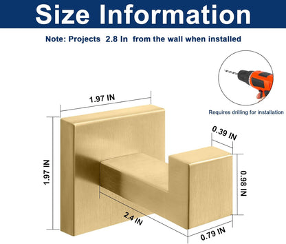 NearMoon Bath Towel Hooks -SUS304 Stainless Steel Square Clothes Robe Hooks Hanger, Heavy Duty Coat Hooks for Bathroom Livingroom Hotel Kitchen Garage, Wall Mounted (3 Pack, Chrome Gold)