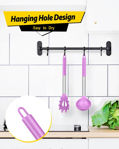 Silicone Pasta Fork and Ladle Spoon Set, Large Non Stick Kitchen Utensils for Cooking,Stirring,Serving Spaghetti, Soup, Sauce (PURPLE)