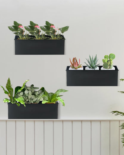 vensovo Metal Wall Hanging Planter Boxes – 12" Rectangle Flower Pots, 3 Pack with Drainage, Durable Galvanized Finish for Indoor Outdoor Balcony Fence Windowsill, Black
