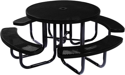 Heavy-Duty Portable Outdoor Picnic Table with Umbrella Hole, Punched Steel Commercial-Grade Patio Dining Furniture Made in America (46" Round Top, Textured Black)