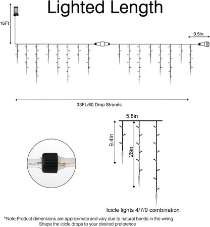 Icicle Lights Outdoor, 33 FT 400 LED Christmas Lights with 60 Drops, Waterproof Connectable Icicle Christmas Light Outdoor with Remote and Timer, 8 Light Modes Christmas Decorations for Roofline