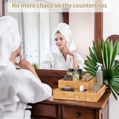 Bamboo Kitchen Drawer Organizer, Stackable Silverware Tray Utensil Organizer Cutlery Holder for Kitchen,Wooden Storage Box for Bathroom, Multi-Use Storage Bins Dividers for Office(12x3x2.5 inch）