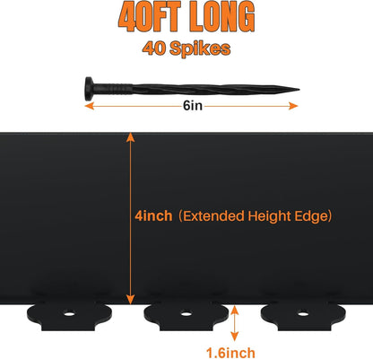 40FT Garden Landscape Edging Kit – 4 Inch Tall Black Plastic Border with 60 Anchoring Spikes, Flexible Lawn Edging for Flower Beds, Pathways, and Garden Borders