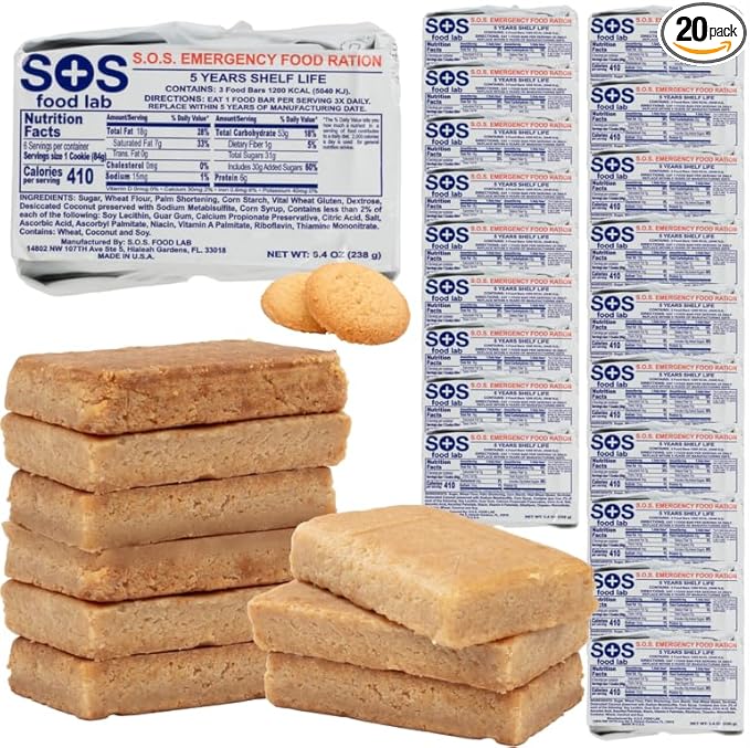 SOS Food Lab Emergency Food Bar - 1200 Calorie Ration (20 Pk Shortbread Cookie) - 1 Day/24 Hour Ready to Eat Supply for Camping, Hiking, Disaster Preparedness - 5 Year Shelf Life Energy Survival Food