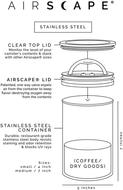 AirScape Planetary Design Stainless Steel Coffee Canister | Food Storage Container | US Patented Inner Plunger Lid REMOVES Excess Oxygen | Don't Buy airtight, Buy AIR-Less | (Medium, Matte Black)