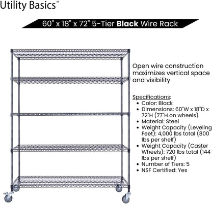 60"x18"x72" Black 5-Tier Premium Wire Shelving NSF 4000 LBS MAX Capacity Heavy Duty Steel Storage Rack for Warehouses, Garages, Hospitals, Commercial Spaces, & Schools w/Premium Wheels