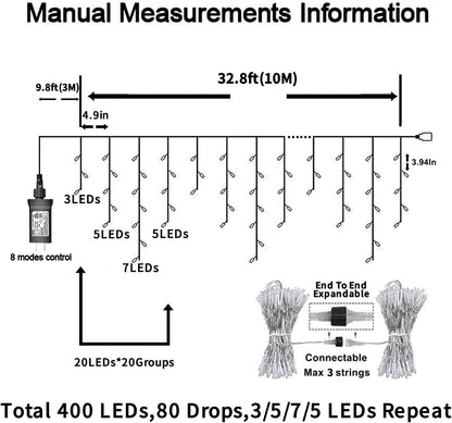 YEGUO 33ft 400 LED Icicle Christmas Lights Outdoor Waterproof, 80 DropsIcicle Light Indoor, 8 Modes Icicle Xmas Lights with Memory Timer(Multicolor)