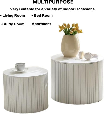 Nesting Cofee Tables Set of 2 with Storage, Modern Round Wooden Coffee Table Circle Side Tables Accent Walnut Table for Living Room, Small Spaces, Bedroom,Balcony, Office(19.17" White)