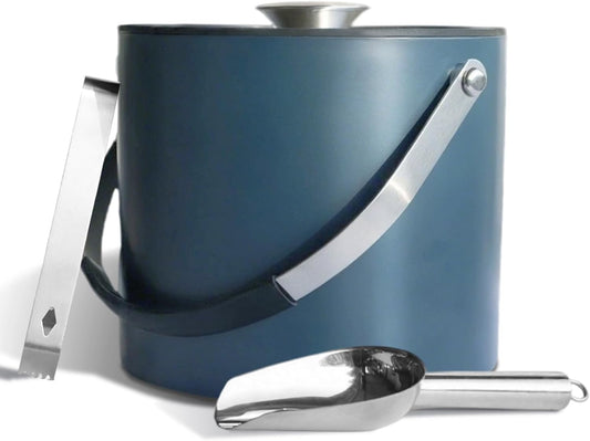 4L Ice Bucket with Silicone Lid, Scoop, Tongs & Strainer, Stainless Steel Double Wall Insulated Ice Buckets for Parties & Cocktail Bar, Outdoor Champagne Ice Container Bin, Navy