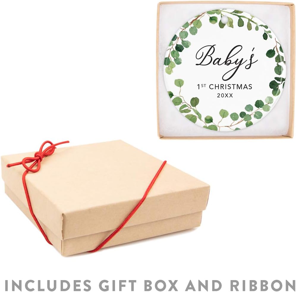 Andaz Press Custom Year Round Ceramic Porcelain Christmas Tree Ornament Keepsake Collectible Gift, Baby's 1st Christmas 2025, Farmhouse Eucalyptus Wreath, 1-PackBaby Shower New Mom Gift Ideas