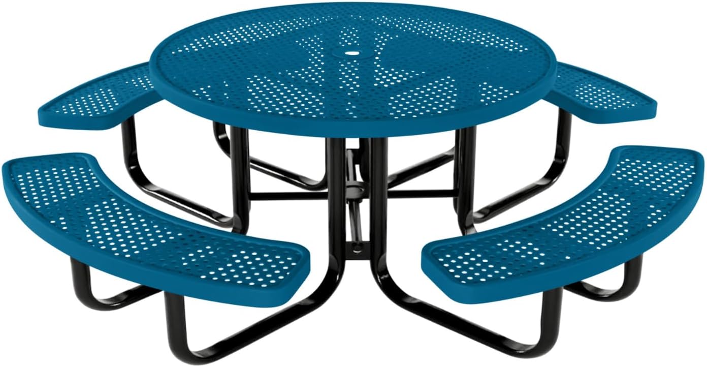 Coated Outdoor Furniture Heavy-Duty Portable Outdoor Kids Table with Umbrella Hole, Punched Steel Kids Picnic Table, Commercial-Grade, Made in America (46 In, Round, Childrens, Light Blue)