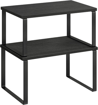 SONGMICS Cabinet Organizer Shelf, Set of 2 Kitchen Counter Shelves, Kitchen Storage, Spice Rack, Stackable, Expandable, Metal and Engineered Wood, Ink Black and Charcoal Black UKCS02B01