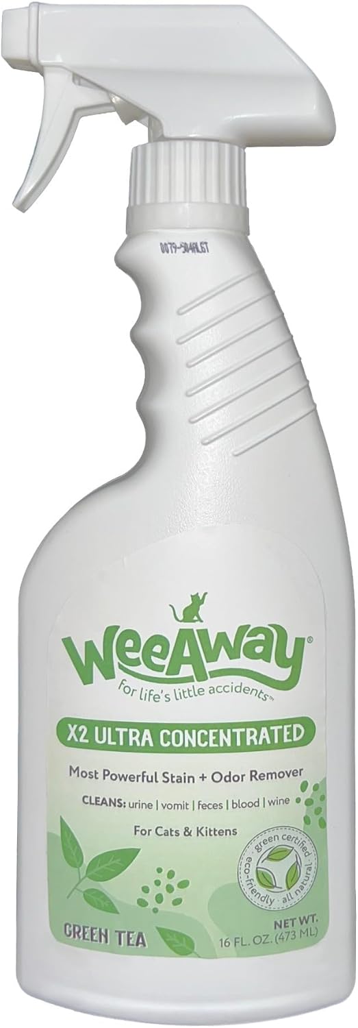 Wee Away X2 Ultra Concentrated Pet Stain and Odor Remover, Enzyme Cleaner for Cat Urine and Poop Carpet & Furniture Safe, Pet Urine Odor Eliminator Spray (Green Tea 16 oz)