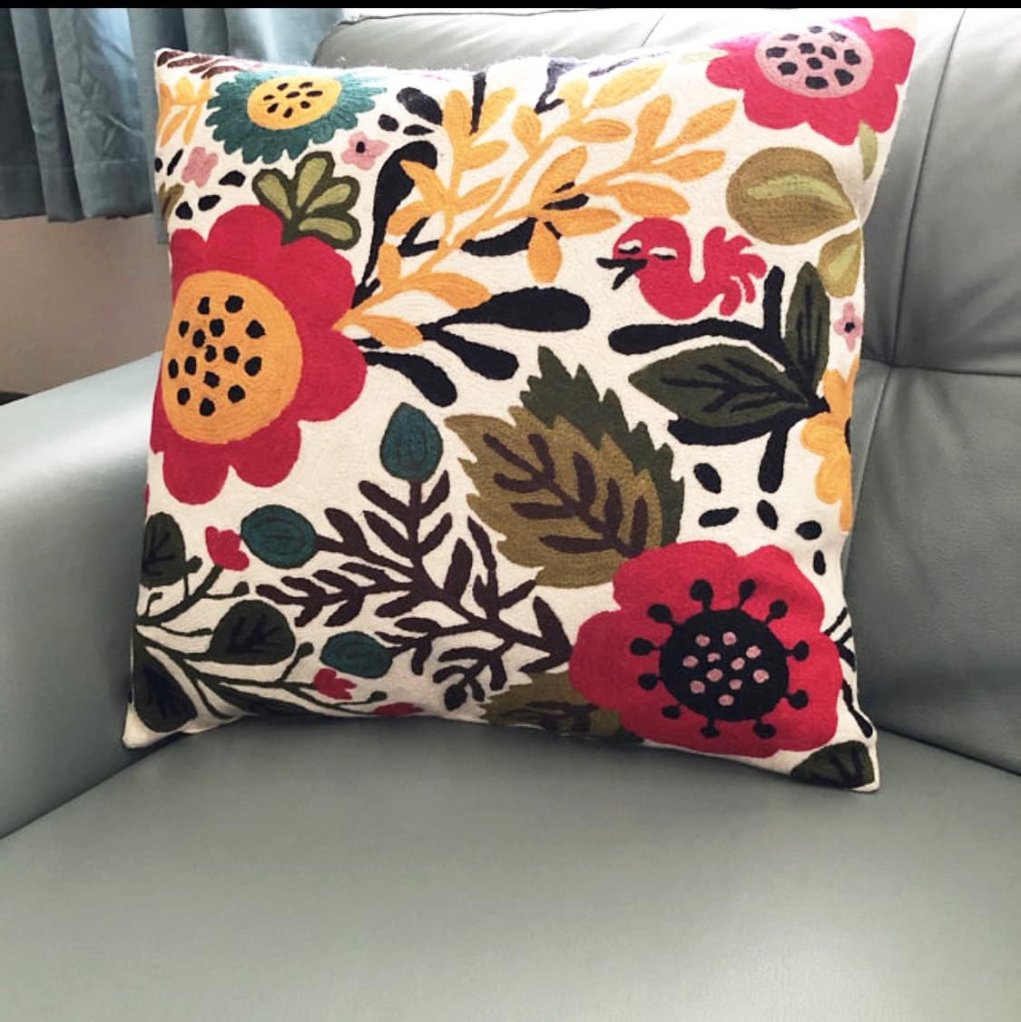 Red Polish Floral Pillow Cover Bird Flower Pillowcase Floral Outdoor Suzani Cushions Flowery Throw Chair Cushion Farmhouse Pillowsham Hand Embroidered Wool 18x18 Inch