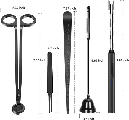 5 in 1 Candle Accessory Set,Candle Wick Trimmer Cutter,Candle Wick Dipper,Candle Wick Snuffer,Rechargeable Candle Lighter,Tweezers,Stainless Steel Candle Care Kit Home Gift for Aromatherapy(Black)