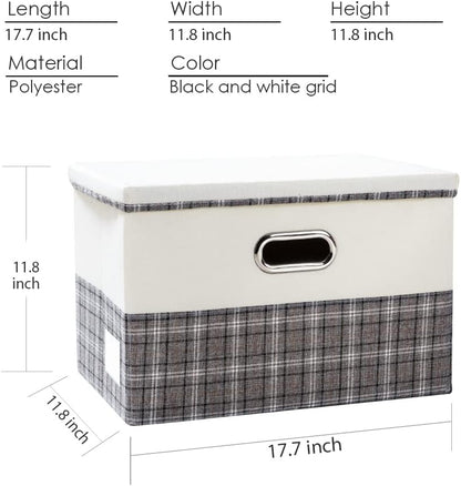 PRANDOM Large Collapsible Storage Bins with Lids [3-Pack] Fabric Foldable Storage Boxes Organizer Containers Baskets Cube with Cover for Home Bedroom Closet Office Gray plaid & Cream(17.7x11.8x11.8)