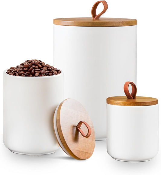 Ceramic Canister Set for Kitchen, 3pcs White Ceramic Kitchen Canisters for Countertop with Airtight Wood Lids, Large Flour and Sugar Containers for Coffee, Tea, Spice