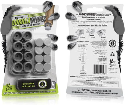 GorillaGlides CB193 3/4 Inch Chair Glides/Furniture Feet Floor Protectors (Set of 16 Sliders) Self-Adhesive Screw-On Glides for Sliding on Hard Surface Flooring and Low-Pile Carpet, Round