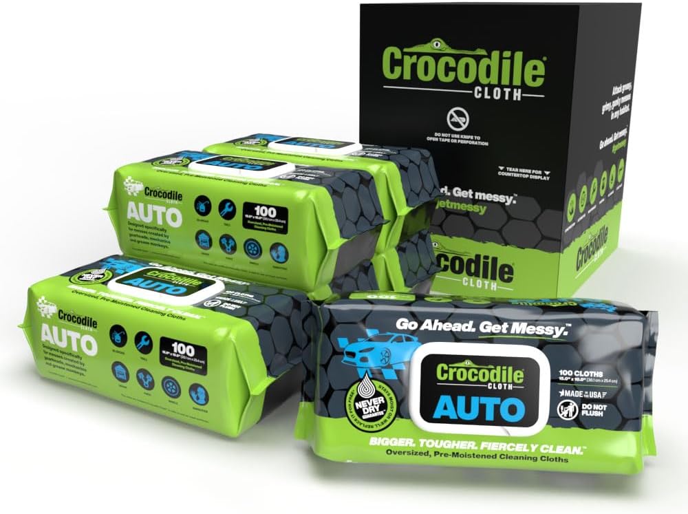 Crocodile Cloth Auto Cleaning Wipes – 600 Count (6 Packs of 100) XL 15" x 10" Heavy-Duty Car Wipes for Engine Degreaser, Detailing, Tires, Tools & DIY Projects