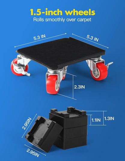 Heavy Duty Industrial Furniture Movers with Wheels, Dolly, Lifter, Sliders, 5 Rollers Casters Cart, Black, 1200 lb Capacity