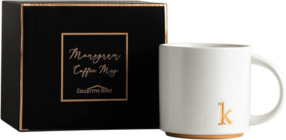 COLLECTIVE HOME - Monogram Ceramic Mugs, 15 oz Golden Initial Coffee Cups, Elegant Alphabet Tea Mugs, Elegant Personalized Mug with Gift Box, Luxurious Cups for Office and Home (k)