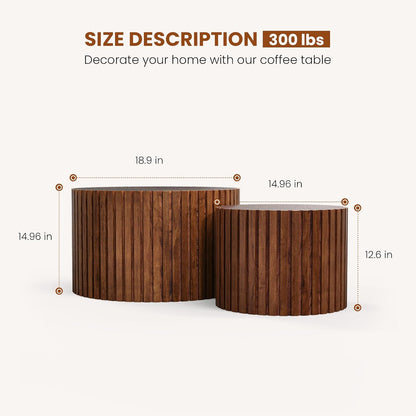 Round Nesting Coffee Table Set of 2 Handcraft Circle Fluted Nesting Coffee Tables Circular Side Table Drum Accent End Tables for Living Room Bedroom (Brown Small)