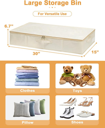 punemi Underbed Storage, 3 Pack Clothing Storage Bags W/Sturdy Handles, Large Capacity Underbed Shoe Container Organizer, Dorm Essentials Bins for Blankets, Pillows, Comforters & Quilts, Beige, 50L