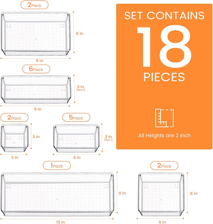 Criusia Drawer Organizer, 18 Pack Large Clear Plastic Kitchen Drawer Organizers Set, 6 Size Versatile Bathroom and Vanity Drawer Organizer Trays, Storage Bins for Makeup, Bedroom, Kitchen Utensils