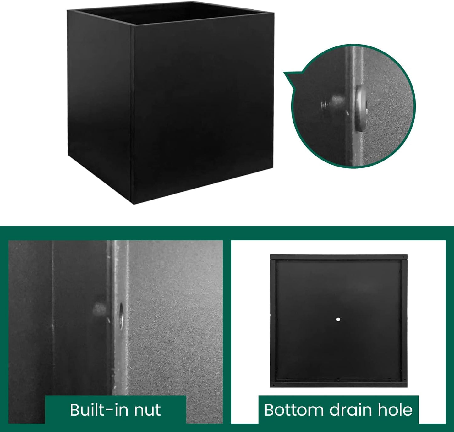 Galvanized Steel Planter Box Black Metal Planter Large Square Indoor Outdoor Planters Cube Steel Heavy Duty Flower Pot 16Inch Powder Coating Modern Commercial Residential for Patio, Deck, Yard, Garden