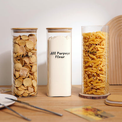 3 Pcs Square Glass Pantry Storage Containers with Bamboo Airtight Lid and 248 Clear Pantry Labels Preprinted - 62oz Thicken Glass Food Storage Jars for Coffee, Cookie, Tea, Sugar, Spice