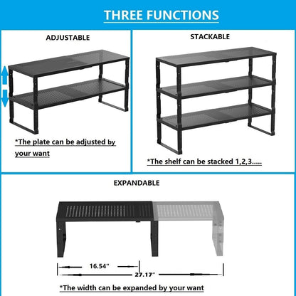 Expandable,Adjustable & Stackable Spice Rack, Cabinet Kitchen Countertop Shelf Organizer,Metal Pantry Storage Shelves - Space-Saving Storage Solution(1Pack/Black/Medium)
