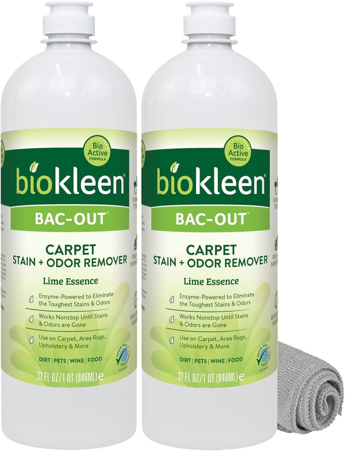 Biokleen Bac-Out Enzymatic Stain & Odor Remover for Carpet - Removes Stains and odors caused by dirt, pet accidents, wine, food, smoke - 2 Pack 32 oz w/Micro Cleaning Towel