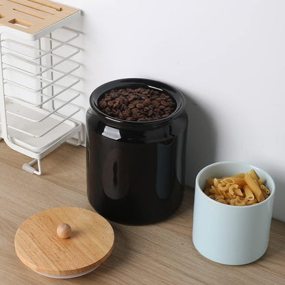 Sweejar Ceramic Kitchen Canisters, 58 FLOZ Porcelain Food Storage Jar with Airtight Seal Wooden Lid, Home Container Serving for Coffee Beans, Tea-leave, Sugar, Salt and More, Tool Bucket (Black)