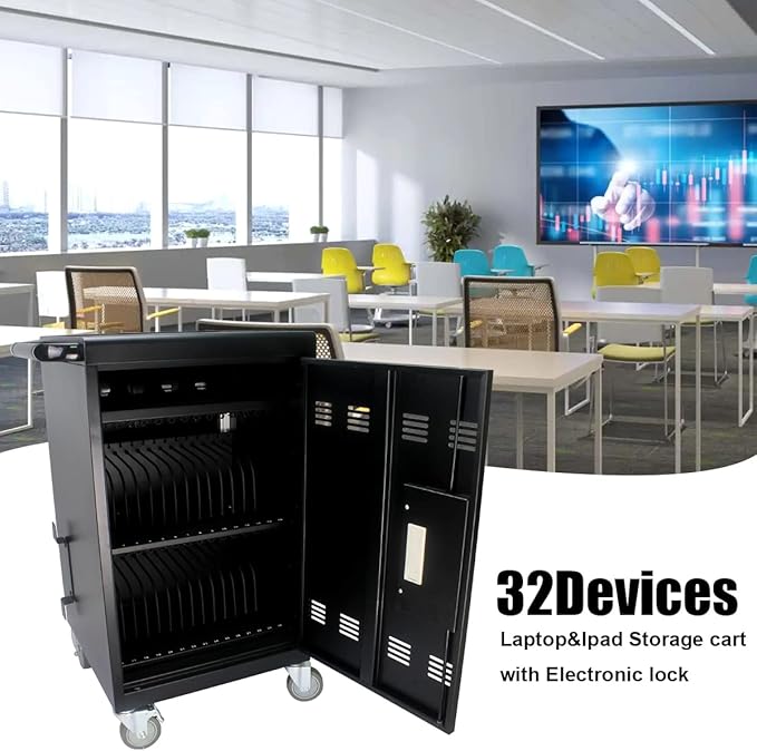 30-Device Mobile Charging Cart with Power Strip, Locks, Cable Management, Up to 16.3" Safe Charging Cabinet for Chromebooks, Tablets, Laptops. Black with Code Lock