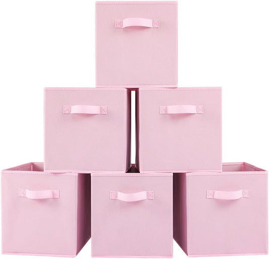 Stero Fabric Storage Bins 6 Pack Fun Colored Durable Storage Cubes with Handles Foldable Cube Baskets for Home, Kids Room, Closet and Toys Organization Pink
