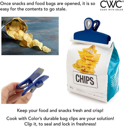 COOK WITH COLOR Bag Clips - Heavy Duty Chip Clip and Refrigerator Magnet Clips for Food Storage with Air Tight Seal Grip, Blue, Pack of 8