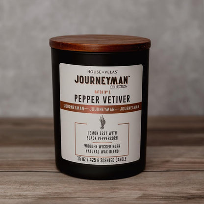Journeyman Collection Candle, 15oz, Wooden Wick, Pepper Vetiver, Large Painted Jar