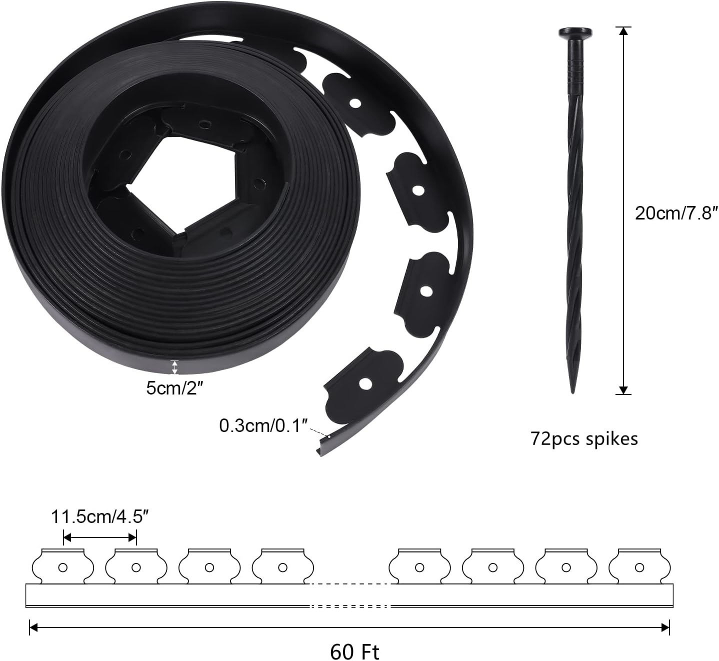 No Dig Durable Garden Landscape Edging Kit, 2 Inch Tall Black Plastic Lawn Border with 72pcs Anchoring Spikes for Landscaping, Flower Gardens, Lawn (60FT+72pcs Anchoring Spikes)