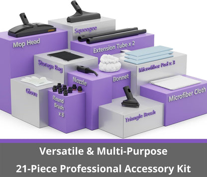 Steam Cleaner: Fast 50-Sec Heat-Up-21-Piece Kit-0.6Gal (2.2L) Tank Refill Anytime-No Cooling-Detachable Hose Multi Steamer Mop for Home Car Bed Furniture Tile Grout Floor Kitchen Cleaning Grey