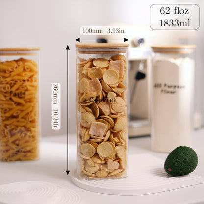 3 Pcs Square Glass Pantry Storage Containers with Bamboo Airtight Lid and 248 Clear Pantry Labels Preprinted - 62oz Thicken Glass Food Storage Jars for Coffee, Cookie, Tea, Sugar, Spice