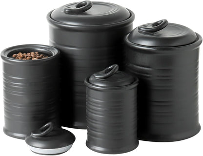 Nihow Food Storage Jar Sets: Ceramic Container with Air Tight Lid for Flour/Sugar/Rice/Coffee/Cookies/Candy - Seal Damp-proof Canister for The Kitchen Counter - Set of 4 （Matte Black）