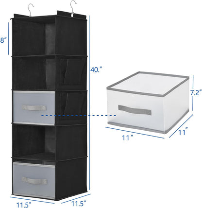 5-Layer Suspended Fabric Shelf Organizer, Equipped with 2 Sturdy Hooks, 2 Separate Drawers, and Foldable Hanging Storage (Black)
