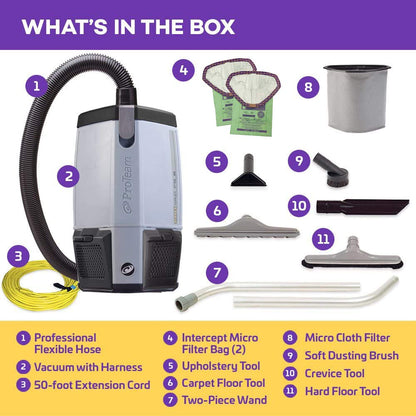 ProTeam Backpack Vacuums, ProVac FS 6 Commercial Backpack Vacuum with HEPA Media Filtration and Restaurant Tool Kit, 6 Quart, Corded