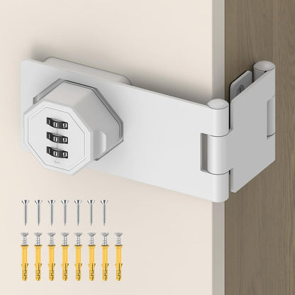 90 Degree 3-Digit Combination Cabinet Lock, Zinc Alloy Keyless Folding Hasp Lock Latch, Password Security Rotary Door Latch for Office File Cabinet, Drawer, Locker, Cupboard (1, White)