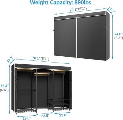 VIPEK V5LC Garment Rack Heavy Duty Covered Clothes Racks with Dimmable LED Light 3000K Warm White, Portable Closet Wardrobe Freestanding Clothing Racks for Hanging Clothes, Black Rack with Black Cover
