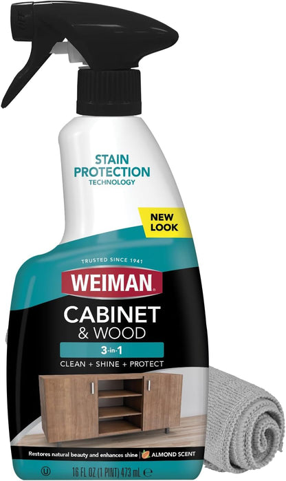 Weiman Cabinet & Wood Clean & Shine Spray - Furniture, Kitchen Cabinets, Baseboard & Trim, Fresh Almond Scent, Microfiber Cloth Included