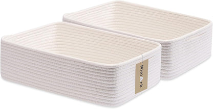 Large Shallow Organizing Baskets 15x11x5.1 Inches - Rope Woven Storage Bins for Bathroom, Shelves, Cube Closet, Off White 2 Packs