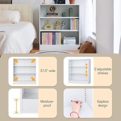 3-Tier Bookshelf with Adjustable Shelves, White Metal Space Saving Storage Shelf Bookcase, Small Open Storage Shelf for Living Room, Home Office, Dinning Room, Pantry (White-36H)